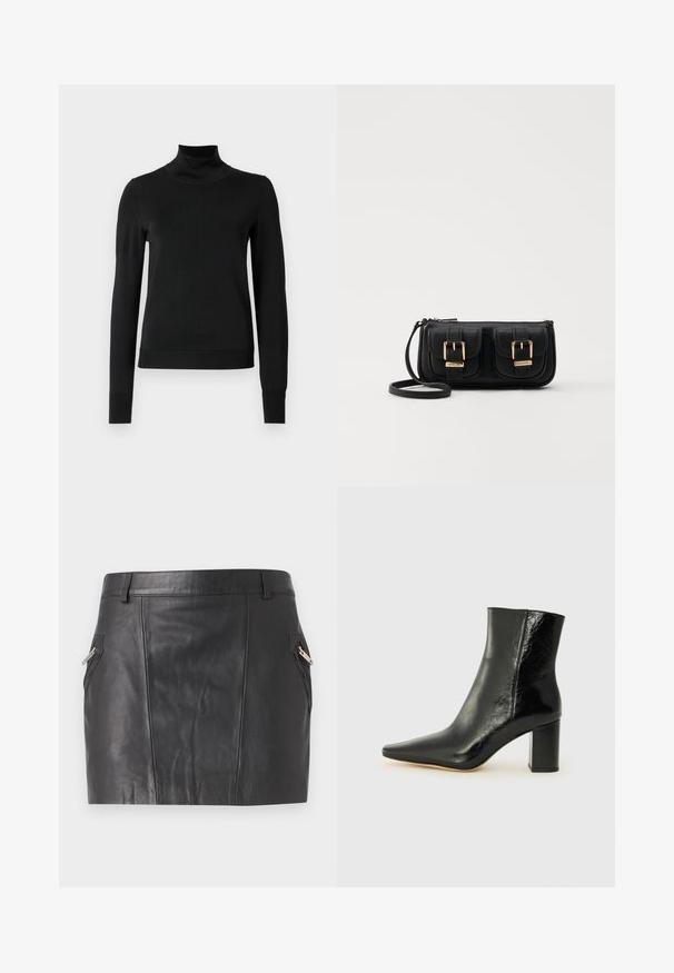 Svart langermet genser med høy hals, med ribbede mansjetter og kant, vist på en enkel hvit bakgrunn.; Svart skinn mini skjørt med glatt tekstur, med skrå sidelommer med metallglidelåser og en tettsittende design.; Svart ankelstøvel laget av blankt lær med spiss tå og en robust, firkantet hæl. Har en glatt tekstur og en minimalistisk design.; Svart skinn crossbody veske med to frontlommer, gyldne spenner, glidelåslukking og en slank stropp. Teksturert overflate og kompakt rektangulær form.