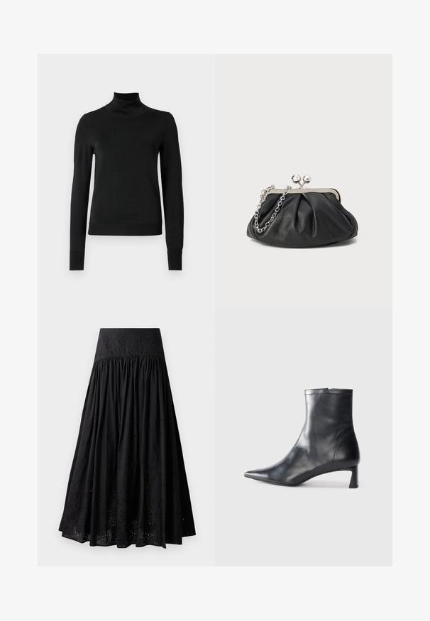 Schwarzer Langarmrollkragenpullover mit gerippten Bündchen und Saum, auf einem schlichten weißen Hintergrund präsentiert.; Schwarzer Maxirock aus Baumwolle mit besticktem Taillenbund. Mit gerafftem Stoff und durchbrochener Detailgestaltung am Saum.; Schwarze Lederstiefelette mit spitzer Zehe und schlankem Design. Verfügt über einen niedrigen Absatz und einen Reißverschluss hinten. Glatte Textur.; Schwarze Leder-Clutch mit geraffter Textur, silberfarbener Metallrahmen, Druckverschluss und Kettenriemen. Glatte, weiche Oberfläche.
