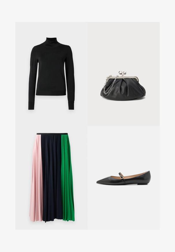 Melnas garām piedurknēm turtlenecks džemperis ar ribotām aprocēm un apakšmali, attēlots uz vienkārša balta fona.; Plisēta svārku stilā ar paneļiem rozā, tumši zilā un zaļā krāsā. Izgatavoti no mīksta auduma ar elastīgu jostu ērtai valkāšanai.; Melnas ādas baleta kurpes ar norādīto pirkstu un sānu siksniņu, kurai ir apaļš zelta akcents. Vieglas ar plakanu zoli.; Melnas ādas roku soma ar sakrautām tekstūrām, sudraba toņu metāla rāmis, skavas aizdare un ķēdes siksna. Gluda, maiga virsma.