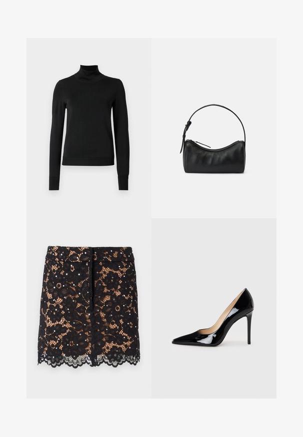 Černý dlouhý rukáv rolák se žebrovanými manžetami a lemem, vystavený na čistě bílém pozadí.; Černá krajková sukně s květinovými vzory, dekorativními kamínky, vlnitým lemem a přiléhavým střihem. Délka sahající do poloviny stehen.; Černý lakovaný kožený lodičkový bot s špičatou špičkou a elegantním siluetou. Má hladký, lesklý povrch a štíhlý jehlový podpatek.; Černá kožená taška přes rameno s zakřiveným designem, zipovým uzávěrem a štíhlým popruhem. Má jemnou texturu a subtilní detaily šití.