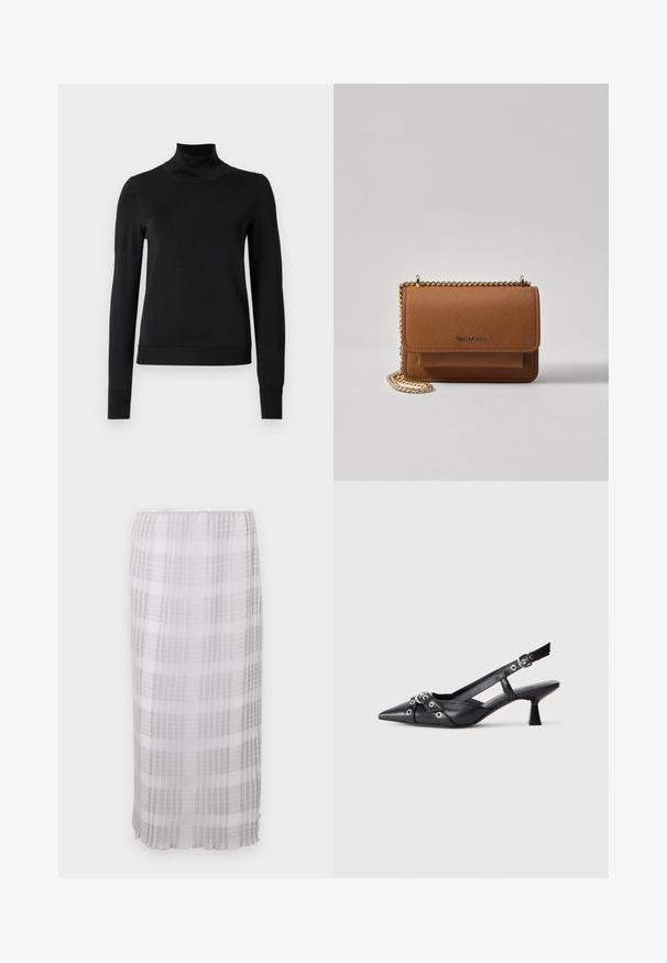 Pulover negru cu mânecă lungă și guler tip colier, cu manșete și tiv cu elastic, expus pe un fundal alb simplu.; Fustă lungă, transparentă, de culoare albă cu un model în carouri gri. Material moale, ușor, cu talie elastică, care se oprește la nivelul gleznelor.; Pantofii slingback din piele neagră, cu vârful ascuțit, curele decorative cu ochiuri din metal și toc bloc mic. Suprafață texturată.; Geantă crossbody din piele texturată maro, cu curea din lanț aurit și închidere cu clapetă. Partea din față prezintă detalii cu logo și o buzunar sub clapetă.
