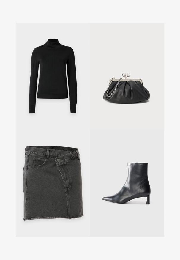 Musta pitkähihaisen pooloneuleen, jossa on ribbikuvioiset hihansuut ja helma, esitetty yksinkertaisella valkoisella taustalla.; Mustat farkkuminihameet, joissa on etutaskut, vyölenkit, nappisulku ja raakahelma.; Musta nahkainen nilkkabotti, jossa on teräväkärkinen muotoilu ja tyylikäs design. Varusteena matala korko ja takana vetoketjukiinnitys. Sileä pinta.; Mustan nahkainen clutch, jossa on rypistetty rakenne, hopeanvärinen metallikehys, suukko-lukko ja ketjuhihna. Sileä, pehmeä pinta.