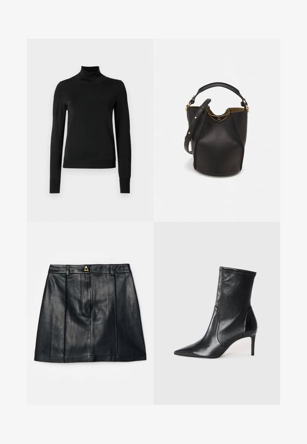 Juoda ilgomis rankovėmis turtleneko tipo megztinis su rebruotomis rankovėmis ir apačia, eksponuojamas ant paprasto balto fono.; AERON RUDENS SKIRT - Trapecinis sijonas - black; Juodi kulkšneliai, pagaminti iš lygaus odos, su smailiu nosiu, prigludusia ašimi ir siauru aukštu kulnu. Minimalistinis dizainas be matomų detalių.; Juodas odinis kibiro tipo krepšys su tekstūruotu paviršiumi, auksiniais detalėmis ir atvira viršūne. Yra trumpa rankena ir reguliuojama petneša.
