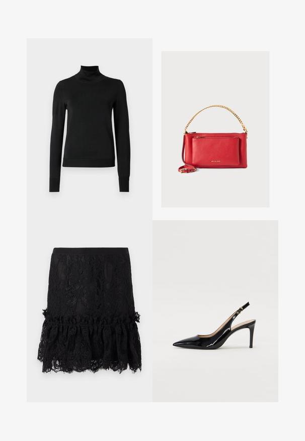 Crna dugosruga majica s rolijom i rebrastim manžetama i donjim rubom, prikazana na jednostavnoj bijeloj pozadini.; Crna čipkasta suknja s strukturiranim gornjim dijelom, koja ima volančić od čipke na rubu. Tkanina ima cvjetne uzorke i glatku traku za struk.; Crne lakirane slingback cipele s oštrim vrhom, uskim potpeticama i suptilnim izrezom. Sadrže zlatnu kopču na traku.; Crvena kožna torba s teksturiranom površinom, zlatnom lancem i remenom, prednjim džepom na zatvarač i utisnutim logom. Kompaktni i strukturirani dizajn.