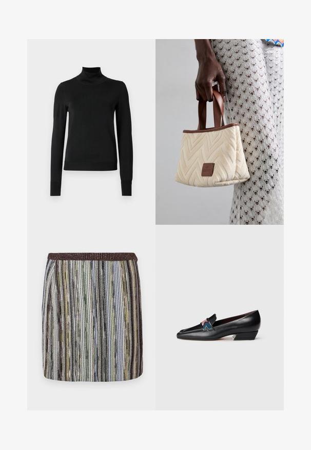 Schwarzer Langarmrollkragenpullover mit gerippten Bündchen und Saum, auf einem schlichten weißen Hintergrund präsentiert.; Kurzer, taillierter Rock mit mehrfarbigen vertikalen Streifen in Grüntönen, Schwarz und Braun, ausgestattet mit einem strukturierten elastischen Bund.; Schwarze Leder-Low-Blockabsatzslipper mit spitzem Zehenbereich und buntem gemustertem Riemen auf weißem Hintergrund.; Cremfarbener gewebter Handtasche mit Chevron-Muster, braunen Ledergriffen und einem kleinen gebrandeten Lederanhänger. Texturierte Stoffoberfläche.