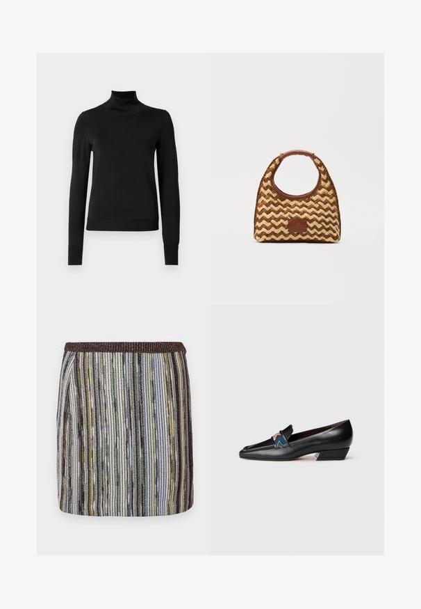 Črni pulover s dolgimi rokavi in vratnikom, z rebrastimi манжетами in robom, prikazan na enobarvni beli podlagi.; Kratka, oprijeta krila z večbarvnimi navpičnimi črtami v odtenkih zelene, črne in rjave barve, ki ima strukturiran elastičen pas.; Črne usnjene loafer čevlje z nizko peto in koničastim nosom ter barvitimi vzorci na trakovnem detajlu na belem ozadju.; Tkanina iz slame v obliki zigzaga, rjav usnjen ročaj in podstavek ter pravokotna oznaka s logotipom spredaj.