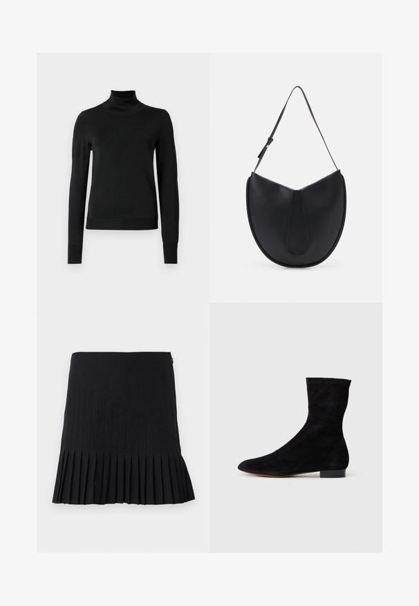 Fekete, hosszú ujjú garbós pulóver bordás mandzsettákkal és aljjal, sima fehér háttér előtt bemutatva.; Fekete plissé szoknya, amely párhuzamosan varrt átlós panelekből áll, fitted derékrésszel és bővülő szegéllyel. Az anyagok könnyűnek és simának tűnnek.; Fekete velúr bokacsizma, illeszkedő szárral, hegyes orral és alacsony blokk sarokkal. Simább felület és minimalista dizájn, amely sokoldalú stílushoz megfelelő.; THEMOIRè TIKE - Kézitáska - black