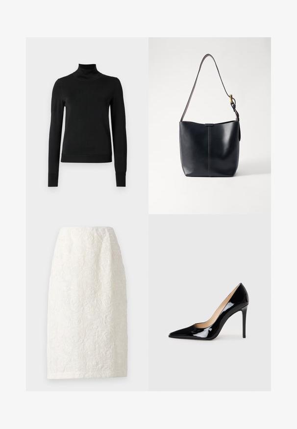 Pull à col roulé noir à manches longues avec des poignets et un ourlet côtelés, présenté sur un fond blanc uni.; Jupe blanche arrivant au genou avec un motif floral texturé, présentant des designs de roses en relief et un subtil éclat. Silhouette simple et droite.; Escarpin noir en cuir verni avec un design à bout pointu et une silhouette élégante. Présente une finition lisse et brillante ainsi qu'un talon aiguille fin.; Sac à épaule en cuir noir avec une texture lisse, doté d'une fine bandoulière longue et d'un discret détail cousu au centre.