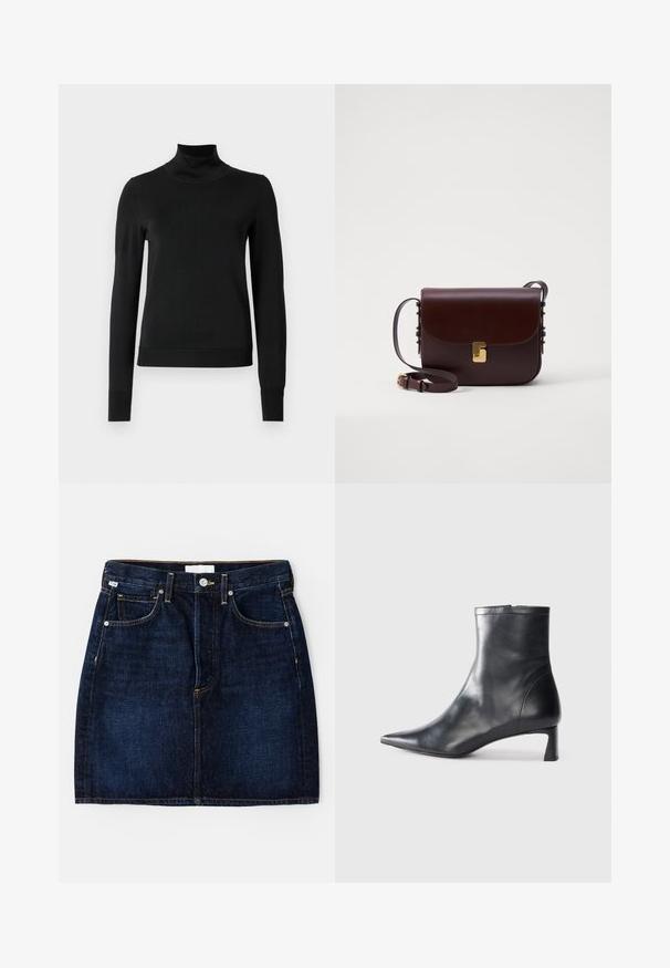 Pulover negru cu mânecă lungă și guler tip colier, cu manșete și tiv cu elastic, expus pe un fundal alb simplu.; Fustă din denim albastru închis, cu design cu cinci buzunare, cusături aurii și o croială clasică. Prezintă închidere cu nasture și tivuri pentru centură.; Cizmă de gleznă din piele neagră cu vârf ascuțit și un design elegant. Dispune de un toc mic și de o închidere cu fermoar la spate. Textură netedă.; Geantă din piele maro cu închidere cu clapetă, accesorii aurii și curea reglabilă. Dispune de o textură netedă și o formă rectangulară elegantă.