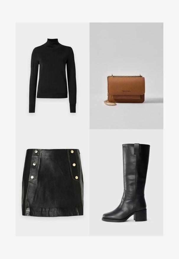 Schwarzer Langarmrollkragenpullover mit gerippten Bündchen und Saum, auf einem schlichten weißen Hintergrund präsentiert.; Schwarzer Leder-Minirock mit taillierter Passform, ausgestattet mit goldfarbenen Knöpfen auf einer Seite und sichtbaren Nähdetails. Glatte Textur.; Schwarze Lederstiefel bis zum Knie mit glatter Oberfläche, quadratischer Spitze, Blockabsatz und seitlichem Zugband, mit minimalistischen Nähdetails.; Braune strukturierte Ledertasche mit goldener Kettenriemen und Klappenverschluss. Die Vorderseite zeigt ein Logo-Detail und eine Tasche unter der Klappe.
