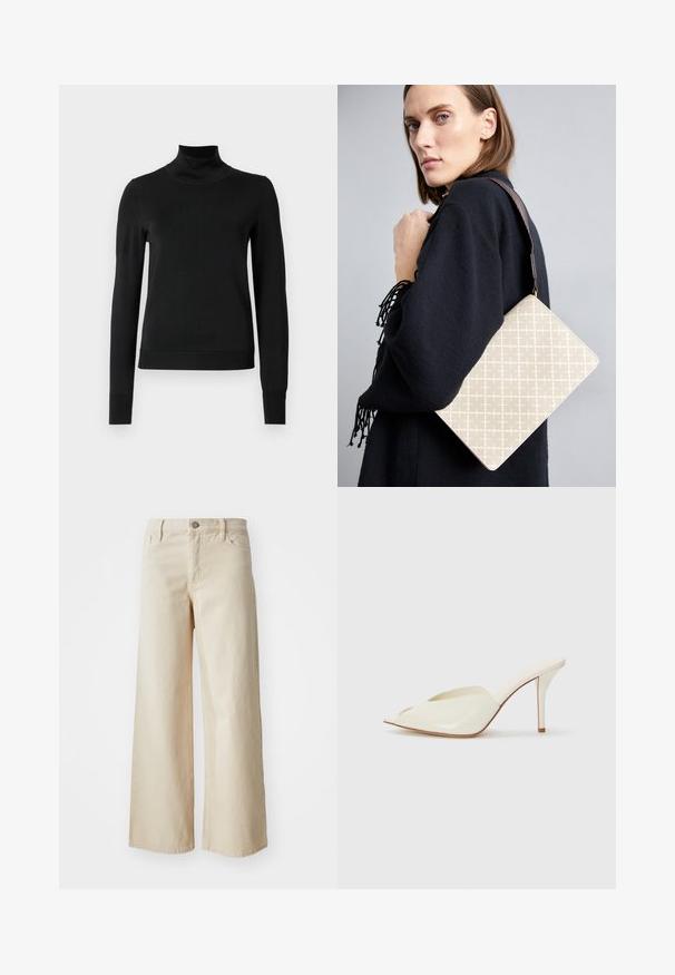 Fekete, hosszú ujjú garbós pulóver bordás mandzsettákkal és aljjal, sima fehér háttér előtt bemutatva.; Beige, bőszárú farmernadrág, magas derekú, gombos záródással, övhurkokkal és oldalzsebekkel. Sima textúrájú és laza szabású.; Fehér lakkbőr, nyitott orrú mules cipők, hegyes kialakítással, vékony magas sarkukkal és sima felülettel; minimalista stílus, finom varrási részletekkel.; Beige mintázatú válltáska, amelynek merev formája van, és barna textúrált pántja. Egy modellen viselve, szürke háttér előtt.