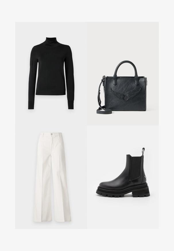 Schwarzer Langarmrollkragenpullover mit gerippten Bündchen und Saum, auf einem schlichten weißen Hintergrund präsentiert.; Weiße weite Hosen aus Baumwolle mit glatter Textur. Sie verfügen über einen vorderen Knopf, einen Reißverschluss und ein Design mit vier Taschen.; Schwarze Leder-Chelsea-Boots mit elastischen seitlichen Einsätzen, runder Zehenpartie, robuster Gummisohle und Zugschlaufe an der Ferse. Strukturierte und glatte Oberflächen.; Schwarze Ledertasche mit Flügeldesign-Akzent. Verfügt über zwei runde Griffe und einen abnehmbaren Schultergurt. Texturierte Oberfläche. Kompakte Form.