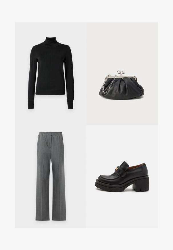 Schwarzer Langarmrollkragenpullover mit gerippten Bündchen und Saum, auf einem schlichten weißen Hintergrund präsentiert.; Graue weit geschnittene Hose mit elastischem Bund, aus einem strukturierten Stoff mit einem dezenten Webmuster.; Schwarze Lederloafers haben eine hohe, klobige Plateausohle mit einer strukturierten Sohle. Sie verfügen über ein gesticktes Design und eine golden-farbene Akzentuierung am Riemen.; Schwarze Leder-Clutch mit geraffter Textur, silberfarbener Metallrahmen, Druckverschluss und Kettenriemen. Glatte, weiche Oberfläche.