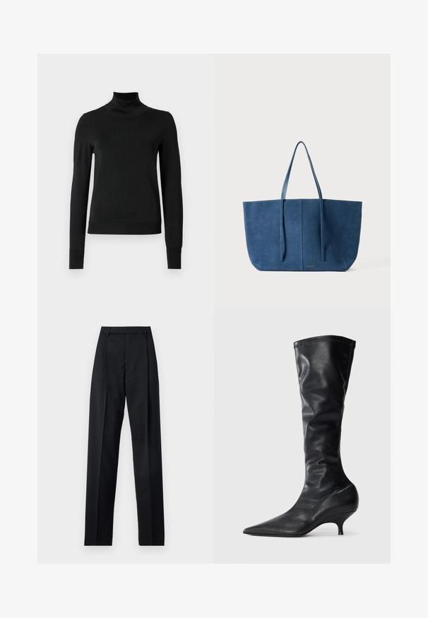Melnas garām piedurknēm turtlenecks džemperis ar ribotām aprocēm un apakšmali, attēlots uz vienkārša balta fona.; Melnas bikses, izgatavotas no gludas auduma, ar augstu vidukli, platiem bikšu galdniekiem, priekšējiem krokām un klasiskām jostu cilpām. Sānu kabatas nav redzamas.; Melnas ādas augstpapēžu zābaki līdz ceļiem ar smailu purngalu un šauru, izliekta formā papēdi. Mīksta faktūra un gluda apdare ar minimālu šuvju detaļu.; Zila zamšādas roku soma ar divām garām rokturiem, taisnstūra forma, gluda tekstūra, minimālisma dizains, ar nelielu logo priekšpusē.