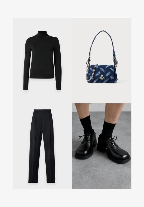 Fekete, hosszú ujjú garbós pulóver bordás mandzsettákkal és aljjal, sima fehér háttér előtt bemutatva.; Fekete nadrág sima anyagból, magas derékkal, széles lábakkal, elülső redőkkel és klasszikus övhurkokkal. Oldalzsebek nem láthatók.; MIISTA ALTHEA BROGUES - Fűzős cipők - black; Sötétkék textil bevásárlótáska texturált mintával, ezüst hardware-ral és leválasztható láncos pánttal. Füllel zárható, logóval díszítve.