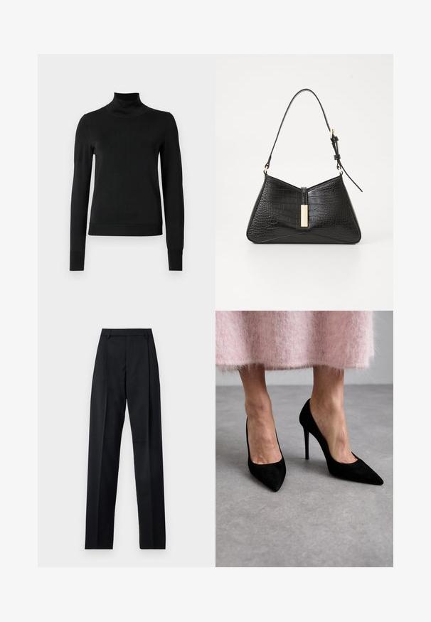Black long-sleeve turtleneck sweater with ribbed cuffs and hem, displayed on a plain white background.; Black trousers made from smooth fabric featuring a high waist, wide legs, front pleats, and classic belt loops. No side pockets visible.; Black suede high heels with pointed toes and stiletto heels. Worn with a pink fuzzy skirt, the focus is on the shoe design and texture.; Black handbag in faux croc-embossed material, featuring a triangular shape, slim shoulder strap, and a gold-tone hardware accent in the center.