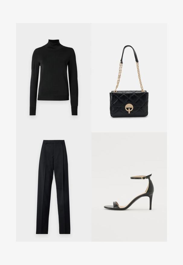 Sort langærmet turtleneck sweater med ribbede manchetter og kant, vist på en simpel hvid baggrund.; Sorte bukser lavet af glat stof, der har høj talje, brede ben, frontfolder og klassiske bælteløkker. Ingen synlige sidelommer.; Sort læder højhælede sandaler med ankelrem. Har en glat tekstur, åben tå og en tynd hæl. Guldtonet spænde detalje.; Sort patchworklæder håndtaske med en guldkæde-strop, der har en cirkulær spænde detalje. Kompakt rektangulær form med en glat tekstur.