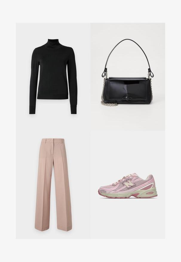 Black long-sleeve turtleneck sweater with ribbed cuffs and hem, displayed on a plain white background.; Wide-leg trousers in a soft pink fabric, featuring a flat front, waistband with belt loops, and a smooth texture.; Pink and beige New Balance 740 sneaker with mesh and synthetic upper, lace-up closure, and cushioned sole shown in side profile.; Black patent leather handbag with a rectangular shape, chain strap, and a distinctive hardware accent in the center. Smooth texture.