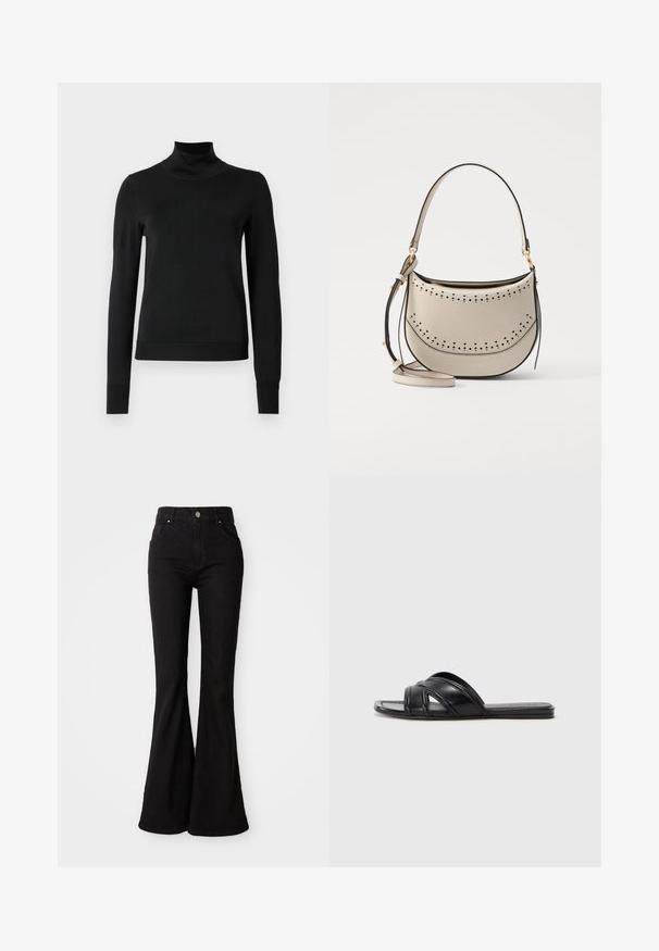 Schwarzer Langarmrollkragenpullover mit gerippten Bündchen und Saum, auf einem schlichten weißen Hintergrund präsentiert.; Schwarze Schlagjeans aus Denim, mit hoher Taille, Knopfverschluss und klassischem Fünf-Taschen-Design. Glatte Textur und einheitliche Farbe.; Schwarze Rutsch-Sandalen mit glattem Leder-Finish, ausgestattet mit überkreuzten Riemen und Ausschnitten sowie einer flachen, flexiblen Sohle.; Vanessa Bruno MINI DAILY BAG - Handtasche - ivoire