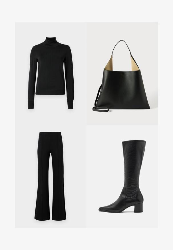 Sweater preto de manga longa com gola alta, com punhos e bainha canelados, exposto em um fundo branco liso.; Calças pretas de boca de sino com uma cintura alta, feitas de um tecido elástico. Apresentam detalhes de costura vertical na frente e uma textura suave.; Bota de couro preta até ao joelho com bico pontudo, detalhes de costura mínimos e um salto quadrado chunky. Textura lisa com acabamento brilhante.; Bolsa tote de couro preta com um design espaçoso e angular. Apresenta um interior em tom bege contrastante e uma alça de ombro fina. Branding minimalista exibido.