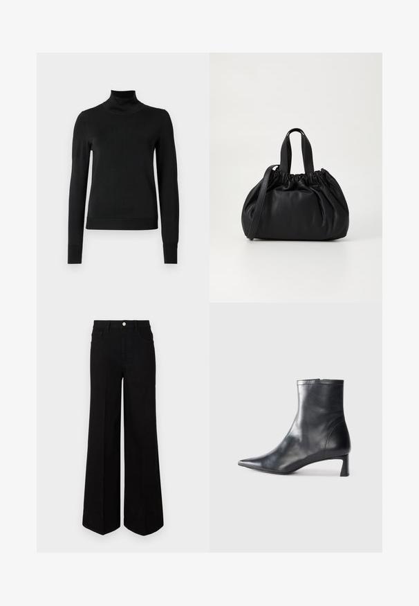Zwarte trui met lange mouwen en col, voorzien van geribde manchetten en zoom, weergegeven op een effen witte achtergrond.; Zwarte wijde jeans gemaakt van stevig materiaal, met een hoge taille, voorzakken en een knopen sluiting aan de voorkant. Rechte zoom aan de onderkant.; Zwarte leren enkellaars met een spitse neus en een slank ontwerp. Heeft een lage hak en een ritssluiting aan de achterkant. Gladde textuur.; Zwarte leren handtas met een geplooid ontwerp aan de bovenkant, voorzien van twee korte handvatten en een lange verstelbare schouderband. Gladde textuur, ronde vorm.