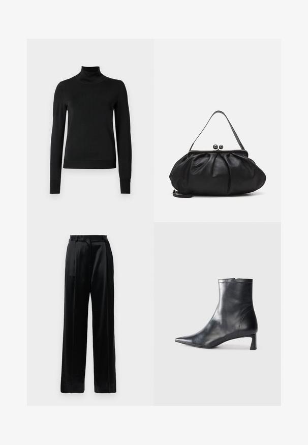 Zwarte trui met lange mouwen en col, voorzien van geribde manchetten en zoom, weergegeven op een effen witte achtergrond.; Zwarte satijnen hoge taillebroek met rechte wijde pijpen, riemlussen en een platte sluiting op een effen witte achtergrond.; Zwarte leren enkellaars met een spitse neus en een slank ontwerp. Heeft een lage hak en een ritssluiting aan de achterkant. Gladde textuur.; Zwarte leren handtas met een afgerond, geplooid ontwerp. Voorzien van een metalen sluiting met twee decoratieve bollen en een smalle, afneembare schouderband.