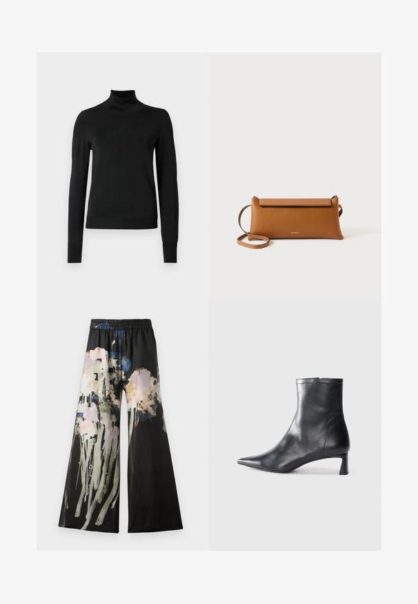 Fekete, hosszú ujjú garbós pulóver bordás mandzsettákkal és aljjal, sima fehér háttér előtt bemutatva.; Fekete szövetből készült bő szárú nadrág, rózsaszín, kék és zöld árnyalatú akvarell virágmintával; kényelmes elasztikus derékpánt.; Fekete bőr bokacsizma hegyes orral és letisztult dizájnnal. Alacsony sarka és hátsó cipzáras záródása van. Simának tűnő textúra.; Barna bőr kézitáska, téglalap alakú, texturált felület, leválasztható pánt, cipzáras záródás, diszkrét logóval a záron.