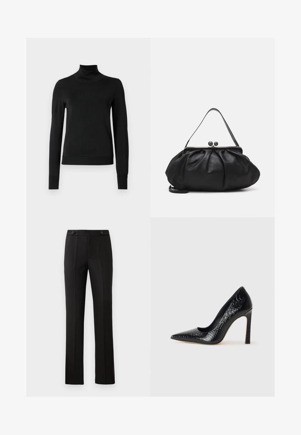 Musta pitkähihaisen pooloneuleen, jossa on ribbikuvioiset hihansuut ja helma, esitetty yksinkertaisella valkoisella taustalla.; Mustat mittatilaustyönä tehdyt housut, joissa on suora lahje, kaksi etutaskua, nappisulku ja rypytyksellä varustettua yksityiskohtaa edessä. Sujuva materiaali.; Musta kapea nilkkakorkokenkä krokotiilin nahkakuviolla, joka on varustettu tyylikkäällä muotoilulla, korkealla stiletto-korkealla ja sileällä mustalla sisäosalla.; Musta nahkalaukku, jossa on pyöreä, poimutettu muotoilu. Varustettu metallisella lukolla, jossa on kaksi koristepalloa ja ohut, irrotettava olkahihna.