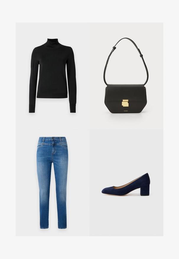 Fekete, hosszú ujjú garbós pulóver bordás mandzsettákkal és aljjal, sima fehér háttér előtt bemutatva.; Klasszikus kék farmernadrág, egyenes szárú szabással, közepes derekú, elülső zsebekkel és narancssárga varrási részletekkel.; Tengerészkék velúr, hegyes orrú pumpa, középmagas tömbsarkúval. Simítású felület finom fénylő hatással, elöl egy kis kivágással.; CLOSED CLOSED ONE - Keresztpántos táska - black
