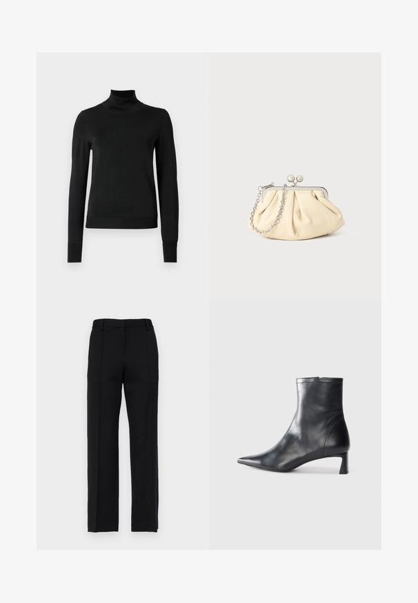 Pull à col roulé noir à manches longues avec des poignets et un ourlet côtelés, présenté sur un fond blanc uni.; Pantalon noir ajusté avec une coupe droite, doté de plis avant et d'une ceinture plate. Fabriqué dans un tissu lisse et texturé.; Bottine en cuir noir avec un bout pointu et un design épuré. Présente un petit talon et une fermeture éclair à l'arrière. Texture lisse.; Pochette en cuir beige plissé avec un cadre en métal argenté, dotée de deux fermoirs ronds décoratifs et d'une chaîne en argent.