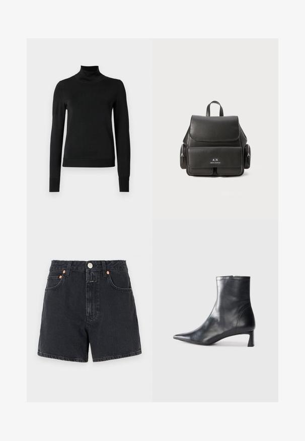 Fekete, hosszú ujjú garbós pulóver bordás mandzsettákkal és aljjal, sima fehér háttér előtt bemutatva.; CLOSED JANEY - Farmer rövidnadrágok - dark grey; Fekete bőr bokacsizma hegyes orral és letisztult dizájnnal. Alacsony sarka és hátsó cipzáras záródása van. Simának tűnő textúra.; Fekete bőr hátizsák, fedéllal záródik, elülső zsebbel, oldalsó cipzáras rekeszekkel és felső fogantyúval rendelkezik. Az elején logó részletezéssel.