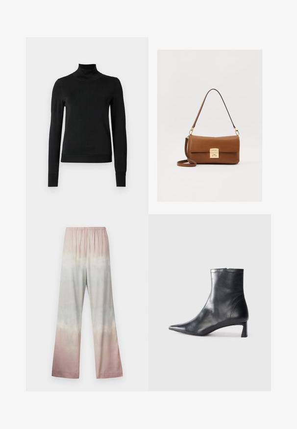 Pulover negru cu mânecă lungă și guler tip colier, cu manșete și tiv cu elastic, expus pe un fundal alb simplu.; Pantaloni largi confecționați dintr-un material ușor, cu un model gradient de tie-dye în tonuri pastelate: roz, mentă și bej cremos. Talie elastică.; Cizmă de gleznă din piele neagră cu vârf ascuțit și un design elegant. Dispune de un toc mic și de o închidere cu fermoar la spate. Textură netedă.; Geantă de umăr din piele maro, cu un închizător aurie, design plat, mânere scurte și curea de umăr ajustabilă. Textură netedă cu o siluetă structurate.