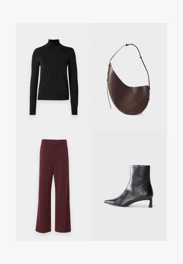 Fekete, hosszú ujjú garbós pulóver bordás mandzsettákkal és aljjal, sima fehér háttér előtt bemutatva.; Tág szárú nadrág sötét vörösbor színben, sima anyagból készült. Lapositott elülső rész és derékrész, övlyukakkal.; Fekete bőr bokacsizma hegyes orral és letisztult dizájnnal. Alacsony sarka és hátsó cipzáras záródása van. Simának tűnő textúra.; Barna bőr kézitáska ívelt formával, egyszálú pánttal és minimalista dizájnnal. Diszkrét logóval és arany színű fém részekkel rendelkezik.