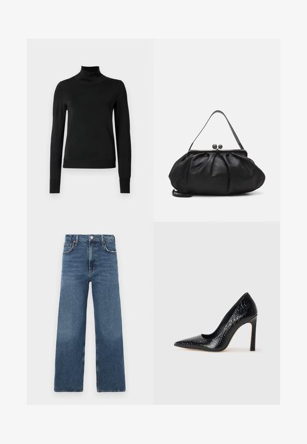 Crna dugosruga majica s rolijom i rebrastim manžetama i donjim rubom, prikazana na jednostavnoj bijeloj pozadini.; Traperice s visokim strukom i širokim nogavicama u srednje plavoj boji, sa klasičnim zatvaranjem na gumbe, pet džepova i glatkom teksturom.; Crne visoke potpetice s oštrim prstima, od teksture krokodilske kože, elegantnog dizajna, visoke stiletto potpetice i glatkog crnog unutrašnjosti.; Crna kožna torba s zaobljenim, naboranim dizajnom. Ima metalnu kopču s dva ukrasna gumba i tanki, odvojivi remen.