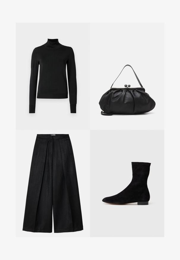 Fekete, hosszú ujjú garbós pulóver bordás mandzsettákkal és aljjal, sima fehér háttér előtt bemutatva.; Fekete, bő szárú nadrág sima textúrával, magas derékkal, redőzéssel és oldalsó zsebekkel. Nincs látható záródási rész.; Fekete velúr bokacsizma, illeszkedő szárral, hegyes orral és alacsony blokk sarokkal. Simább felület és minimalista dizájn, amely sokoldalú stílushoz megfelelő.; Fekete bőr kézitáska lekerekített, pliszírozott dizájnnal. Fémes zárja két dekoratív golyóval és egy vékony, lecsatolható pánttal rendelkezik.