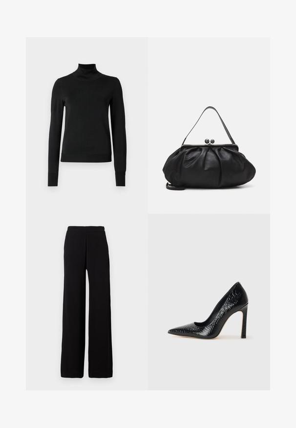 Juoda ilgomis rankovėmis turtleneko tipo megztinis su rebruotomis rankovėmis ir apačia, eksponuojamas ant paprasto balto fono.; Juodos platiomis kojų kelnės, pagamintos iš minkštos medžiagos su elastinga juosmens juosta, pasižyminčios švariu dizainu be matomų raštų ar akcentų.; Juoda smailiakulnė aukšto kulno bateliai su krokodilo odos tekstūra, pasižymintys elegantišku dizainu, aukštu stiletu kulnu ir lygia juoda vidine dalimi.; Juodas odinis rankinė su apvalia, raukšlėtą dizainą. Priedai metalinė užsegimas su dviem dekoratyvinėmis kamuoliukais ir plona, nuimama pakaba.