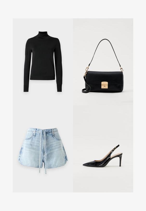 Sweater preto de manga longa com gola alta, com punhos e bainha canelados, exposto em um fundo branco liso.; Calções de ganga azul-claro com cintura ajustável por cordão, cinco bolsos e bordas desfiadas. O tecido tem uma textura desgastada.; Sandal com salto em verniz preto, bico fino, salto esguio e um design de recorte subtil. Apresenta uma fivela dourada na alça.; Mala de mão em couro preto com uma forma retangular plana, acessórios dourados e uma pega superior. Apresenta um fecho por fecho e um detalhe com o logótipo assinatura.