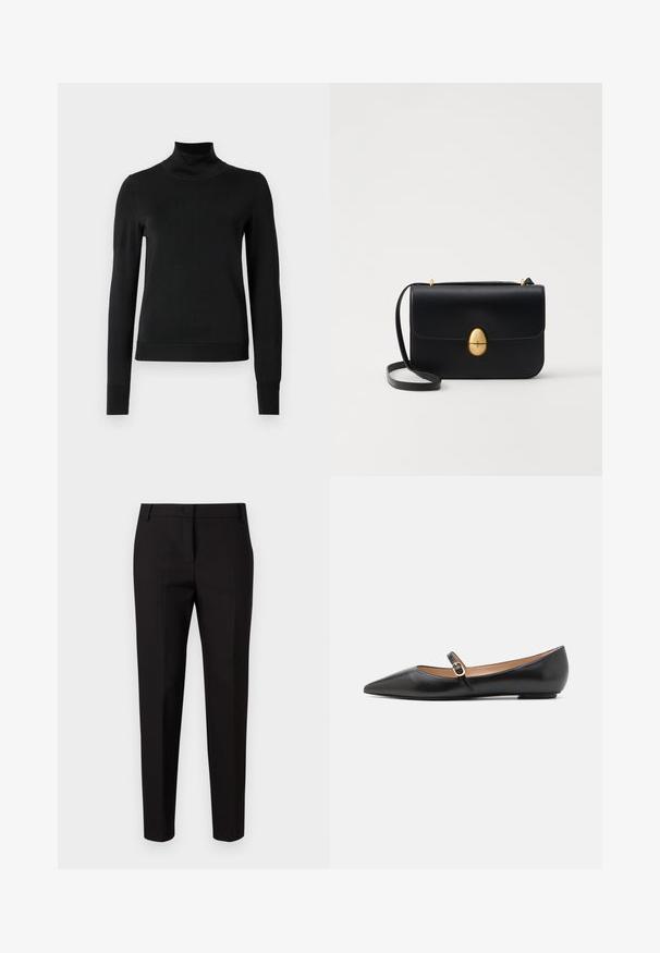 Melnas garām piedurknēm turtlenecks džemperis ar ribotām aprocēm un apakšmali, attēlots uz vienkārša balta fona.; MAX&Co. DISPLAY - Auduma bikses - schwarz; Melnas ādas baleta kurpes ar norādīto pirkstu un sānu siksniņu, kurai ir apaļš zelta akcents. Vieglas ar plakanu zoli.; Melnas ādas rokassomu ar strukturētu taisnstūra formu. Iespējas zelta ovāla slēdzis un plāns plecu siksna. Gluda tekstūra.