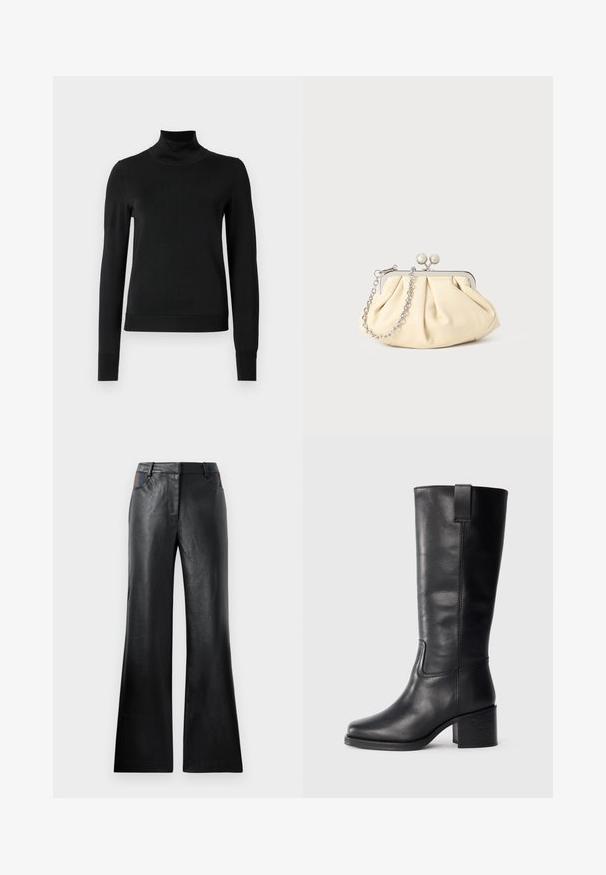 Crna dugosruga majica s rolijom i rebrastim manžetama i donjim rubom, prikazana na jednostavnoj bijeloj pozadini.; Crne kožne hlače s širokim nogavicama i glatkom teksturom, s dva prednja džepa s crnim i smeškastim akcentima u predelu struka.; Crne kožne čizme do koljena s glatkom teksturom, kvadratnim vrhom, blok petom i bočnim ručkom, s minimalnim detaljima šivanja.; Nabrana bež kožna torbica s srebrnim metalnim okvirom, koja sadrži dva okrugla dekorativna kopčanja i srebrnu lančanu naramenicu.