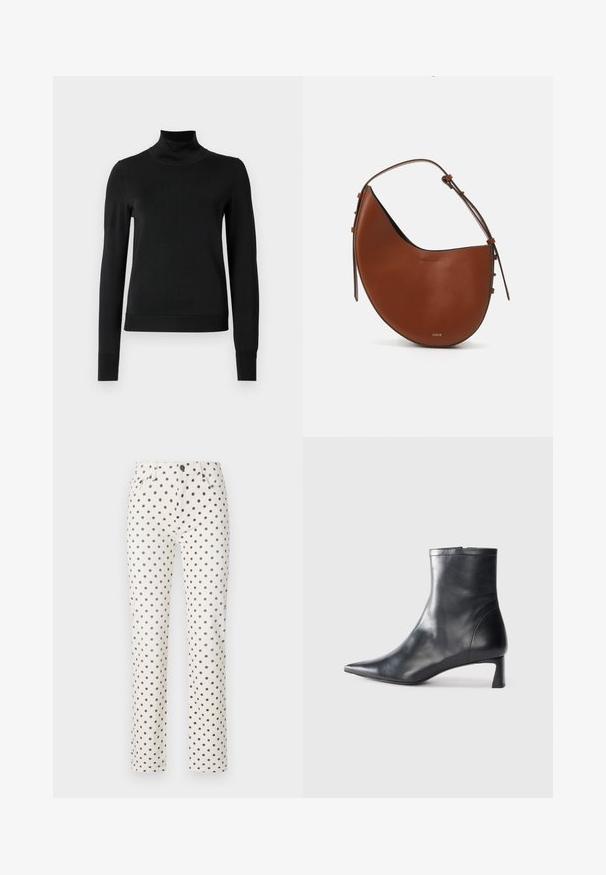 Crna dugosruga majica s rolijom i rebrastim manžetama i donjim rubom, prikazana na jednostavnoj bijeloj pozadini.; Bijele hlače s crnim točkicama, ravnog kroja, s pet džepova, zatvaranjem na gumb i petljama za remen. Glatka tekstura tkanine.; Crne kožne gležnjače s uskim vrhom i elegantnim dizajnom. Imaju niski potpetak i zatvaranje na patentni zatvarač straga. Glatka tekstura.; Smeđa kožna torba za rame u obliku polumjesecca, s uskom smeđom trakom i suptilnim zlatnim detaljima. Ima glatku teksturu i minimalno šivanje.