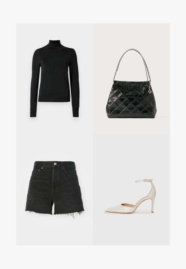 Pullover nero a maniche lunghe con collo alto, rifinito con polsini e orlo a coste, mostrato su uno sfondo bianco semplice.; Bermuda in denim nero con vita alta, orlo sfrangiato e rivetti color rame. Presenta un classico design a cinque tasche e chiusura con bottone.; Scarpa col tacco alto in pelle bianca con punta affusolata, cinturino alla caviglia e tacco a stiletto sottile. Texture liscia con una finitura leggermente lucida.; Borsa a tracolla nera in pelle trapuntata con manico a catena argentata, caratterizzata da un design strutturato e una texture liscia.