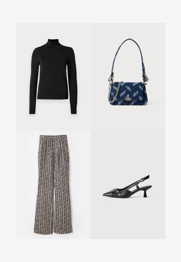 Čierny dlhý rukáv rolák s rebrovanými manžetami a lemom, zobrazený na čistej bielej pozadí.; Rozšírené nohavice vyrobené z tmavomodrej látky s vertikálnymi pruhmi kvetinových vzorov v ružovej, žltej a zelenej farbe. Jemná textúra a elastický pás.; Čierne kožené slingback topánky s špicatou špičkou, ozdobnými popruhmi s kovovými očkami a nízkym blokovým podpätkom. Textúrovaný povrch.; Tmavomodrá kabelka z textilného materiálu s textúrovaným dizajnom, striebornými detailmi a odnímateľným reťazovým popruhom. Obsahuje zavretie na klapku a akcent loga.