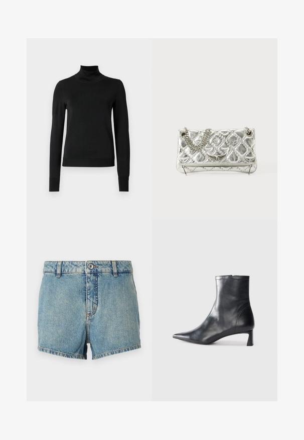 Black long-sleeve turtleneck sweater with ribbed cuffs and hem, displayed on a plain white background.; Denim shorts in light blue with a faded texture, straight cut, and hemmed edges. Features a front button and classic 5-pocket design.; Black leather ankle boot with a pointed toe and a sleek design. Features a low heel and a zipper closure at the back. Smooth texture.; Silver metallic handbag with chain handle, quilted texture, decorative stitching, and a zip closure. Features embossed accents on the front.