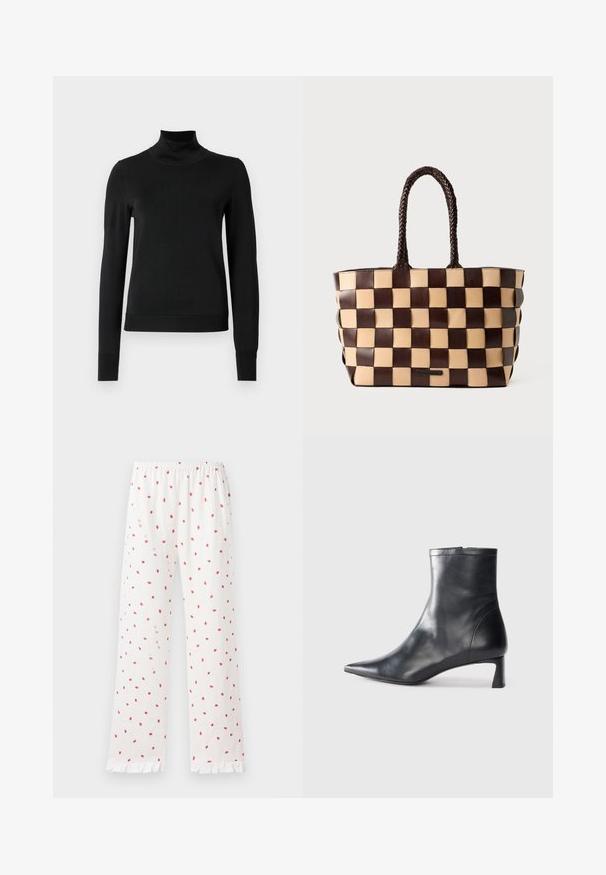 Sweater preto de manga longa com gola alta, com punhos e bainha canelados, exposto em um fundo branco liso.; Calças de pijama brancas soltas com estampado de morangos vermelhos, cintura elástica e bainhas rendadas. Tecidode leve e design de pernas retas.; Bota de tornozelo em pele preta com biqueira apontada e um design elegante. Apresenta um salto baixo e um fecho com zipper na parte de trás. Textura suave.; Saco tote de couro castanho e bege com um padrão de tabuleiro de xadrez tecido e alças trançadas sobre um fundo branco.