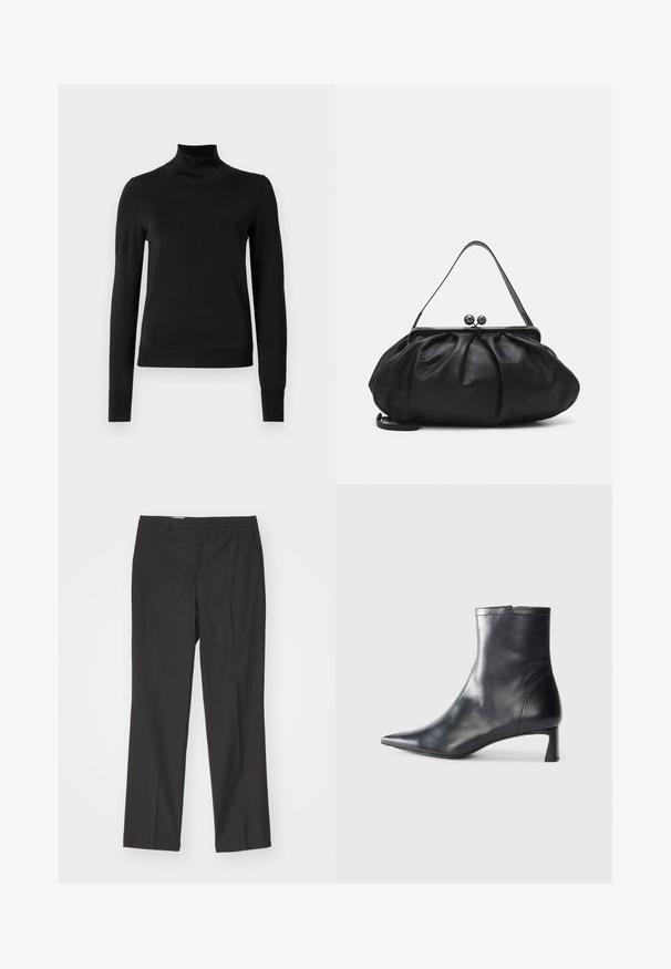 Zwarte trui met lange mouwen en col, voorzien van geribde manchetten en zoom, weergegeven op een effen witte achtergrond.; Zwarte op maat gemaakte broek met een rechte pijpdesign, voorzien van riemlussen en een soepele textuur, gemaakt van lichtgewicht stof.; Zwarte leren enkellaars met een spitse neus en een slank ontwerp. Heeft een lage hak en een ritssluiting aan de achterkant. Gladde textuur.; Zwarte leren handtas met een afgerond, geplooid ontwerp. Voorzien van een metalen sluiting met twee decoratieve bollen en een smalle, afneembare schouderband.