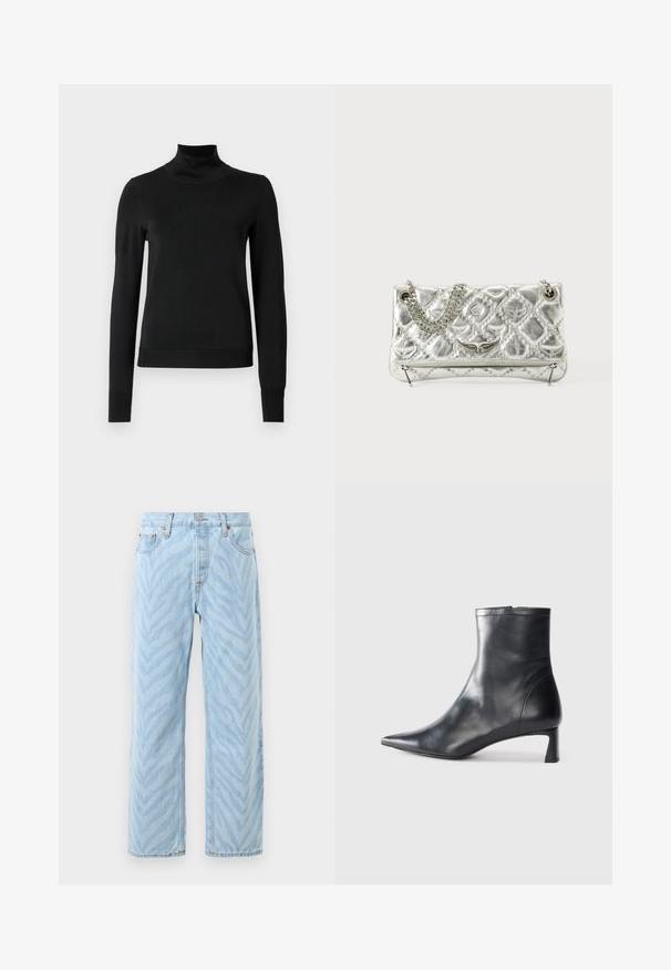 Pulover negru cu mânecă lungă și guler tip colier, cu manșete și tiv cu elastic, expus pe un fundal alb simplu.; Jeans drepti de culoare albastru deschis, cu un model subtil de dungi zebra, cu închidere cu nasture și fermoar și design cu cinci buzunare.; Cizmă de gleznă din piele neagră cu vârf ascuțit și un design elegant. Dispune de un toc mic și de o închidere cu fermoar la spate. Textură netedă.; Geantă de umăr argintie din metal, cu mânere din lanț, textură matlasată, cusături decorative și închidere cu fermoar. Are accente embossate pe față.