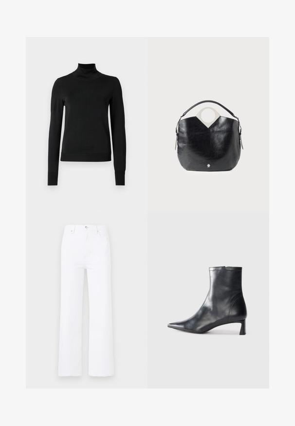 Black long-sleeve turtleneck sweater with ribbed cuffs and hem, displayed on a plain white background.; White denim jeans with a high waist and wide-leg cut. Features front pockets, a button closure, and subtle stitching details.; Black leather ankle boot with a pointed toe and a sleek design. Features a low heel and a zipper closure at the back. Smooth texture.; Black leather bag with a curved shape, circular top handle, and silver logo detail. Smooth texture and notable cut-out design feature.