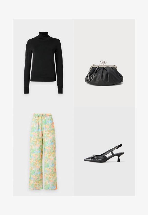 Črni pulover s dolgimi rokavi in vratnikom, z rebrastimi манжетами in robom, prikazan na enobarvni beli podlagi.; Široke hlače iz lahkega materiala s pastelnih vzorcem rib in rastlin. Elastičen pas z detajlom vrvice.; Črne usnjene sandale središnje zaponke z ostro konico, okrasnimi trakovi z kovinskimi očesi in nizko blokasto peto. Teksturirana površina.; Črna usnjena torbica z nabranim teksturo, okovjem iz srebrne kovine, zapiranjem na poljub in verižnim ročajem. Gladka, mehka površina.