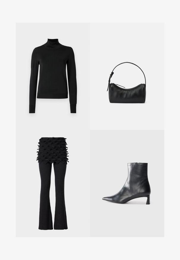 Czarny sweter z długim rękawem i stojącym kołnierzem, z prążkowanymi mankietami i dołem, zaprezentowany na białym tle.; Czarne, prążkowane spodnie ze rozszerzanymi nogawkami, z teksturowanym, warstwowym paskiem w talii, który posiada wypukłe, trójkątne akcenty. Materiał wygląda na dzianinowy i elastyczny.; Czarne skórzane botki sięgające kostki z ostrym noskiem i eleganckim designem. Posiadają niski obcas oraz zamek błyskawiczny z tyłu. Gładka faktura.; Czarna skórzana torba na ramię o zaokrąglonym kształcie, z zamkiem błyskawicznym i wąskim paskiem. Charakteryzuje się gładką fakturą i subtelnymi stębnowaniami.