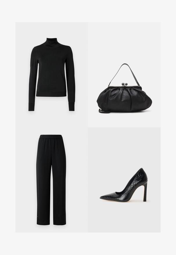 Pullover nero a maniche lunghe con collo alto, rifinito con polsini e orlo a coste, mostrato su uno sfondo bianco semplice.; Pantaloni neri a gamba larga realizzati in un tessuto morbido con cintura elastica. Presentano una vestibilità dritta e dettagli minimi. Adatti per un abbigliamento casual.; Scarpa nera con punta a punta alta in pelle di coccodrillo, caratterizzata da un design elegante, alto tacco a spillo e interno nero liscio.; Borsa a mano in pelle nera con un design arrotondato e plissettato. Presenta una chiusura metallica con due palline decorative e una tracolla sottile e removibile.